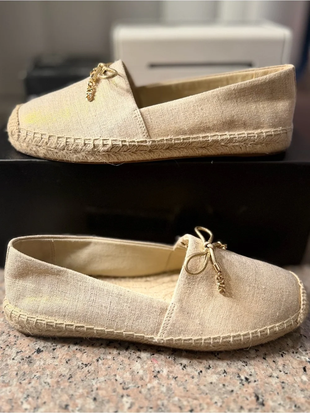Michael Kors Neutral Beige Espadrille Loafers with Gold Charm